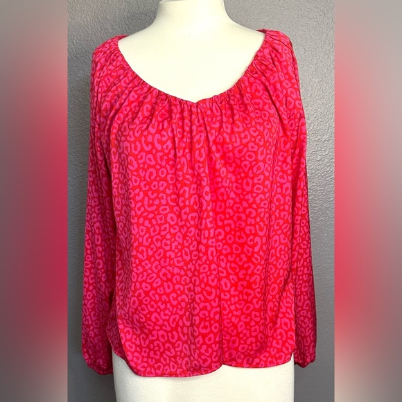 Ann Taylor Hot Pink Leopard Print Shirred V Neck Blouse Womens Size Medium - Picture 3 of 9